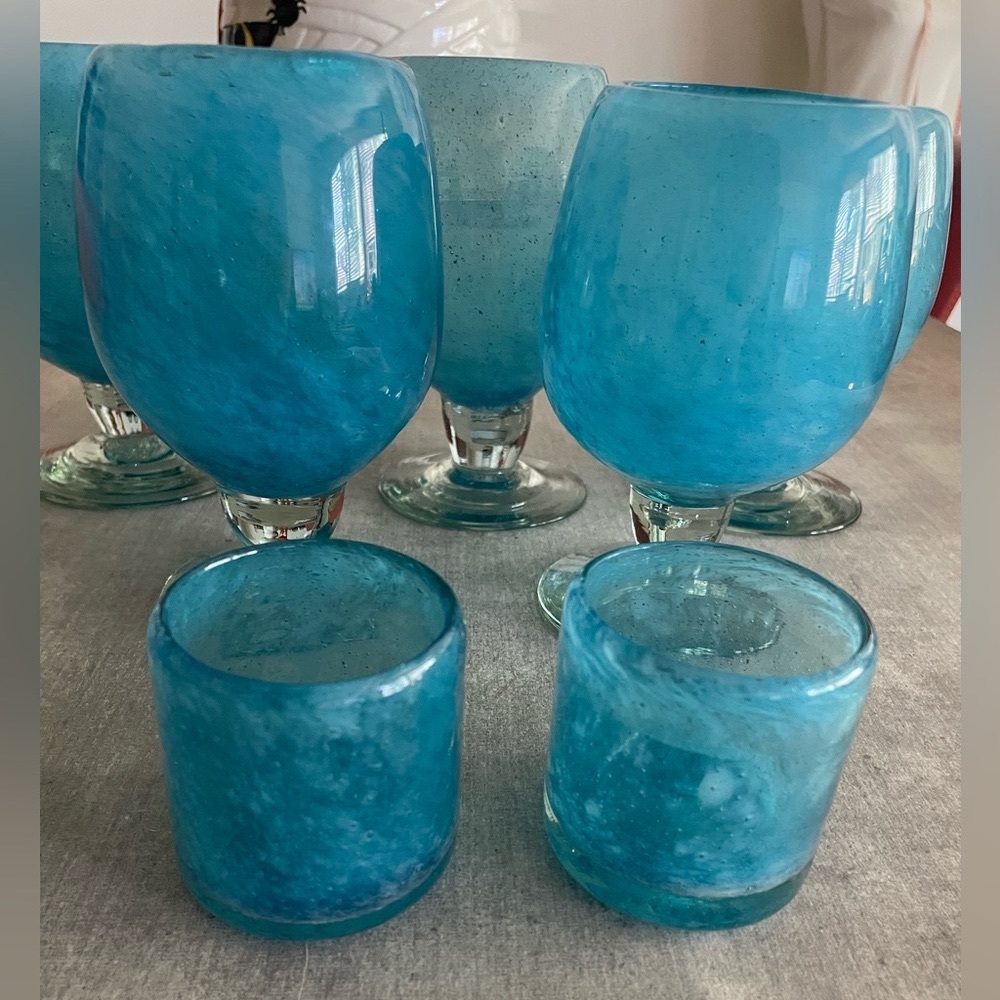 Crate & Barrel Calypso Goblet Set w/ two votives in Aqua Blue